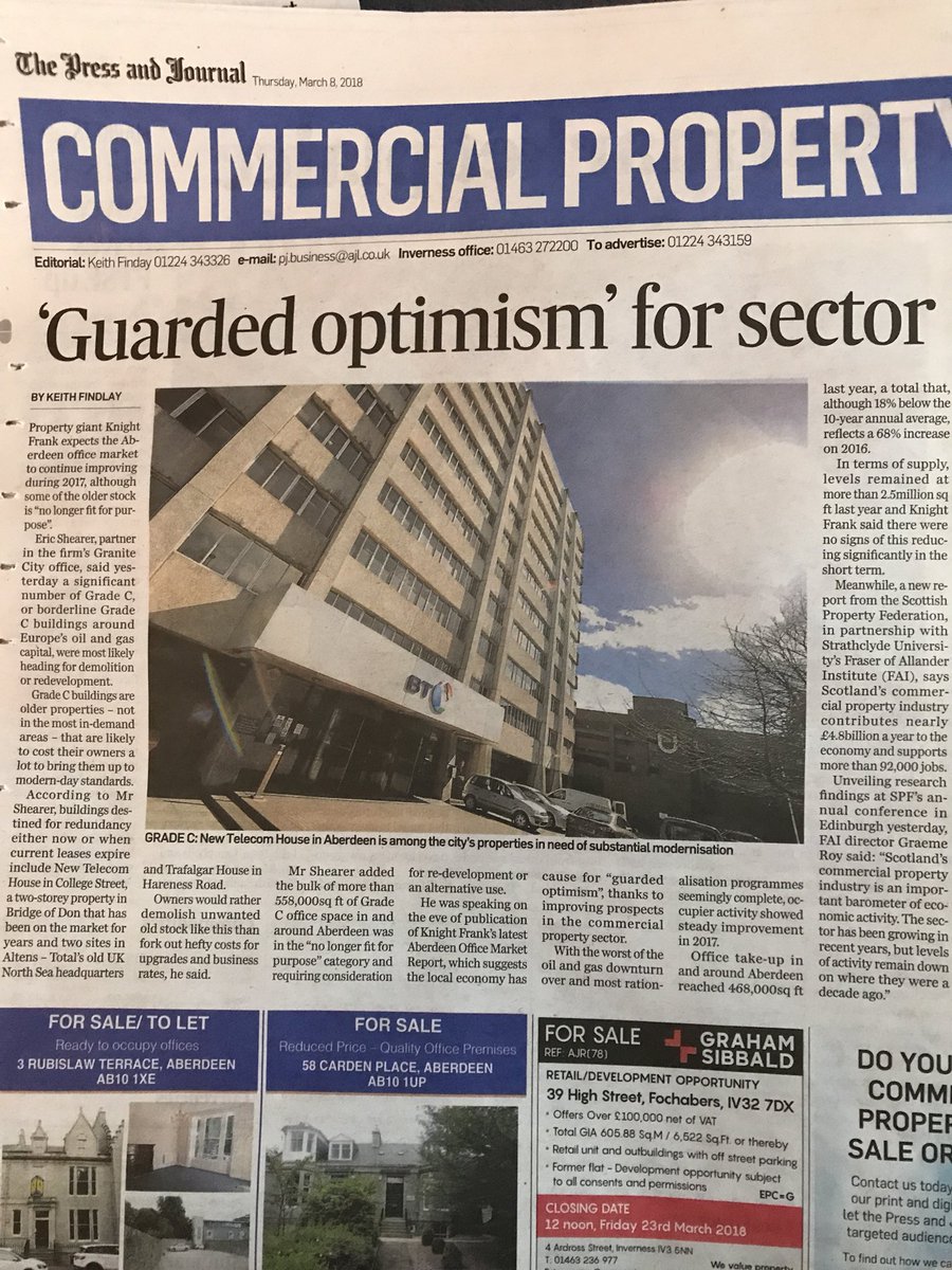 KnightFrankAbdn's tweet photo. Senior partner Eric Shearer sees grounds for cautious optimism in Aberdeen’s commercial property sector. He speaks to @KeithFindlay1 in today’s @PressandJournal #Officemarketreport2018 https://t.co/AUlYkkLvYn