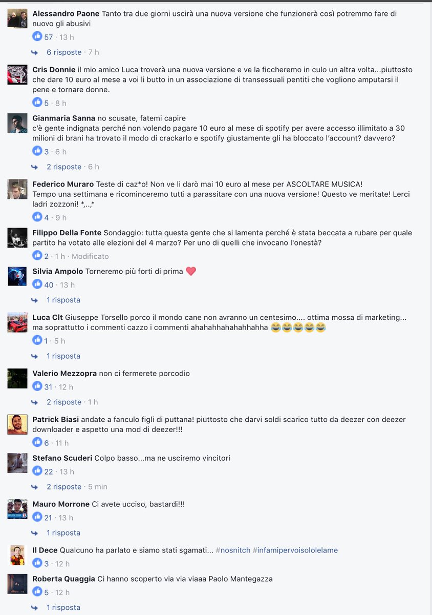 enzomazza's tweet image. #Spotify ha bloccato le versioni premium craccate.
Alcuni commenti degli user italiani su facebook la dicono lunga