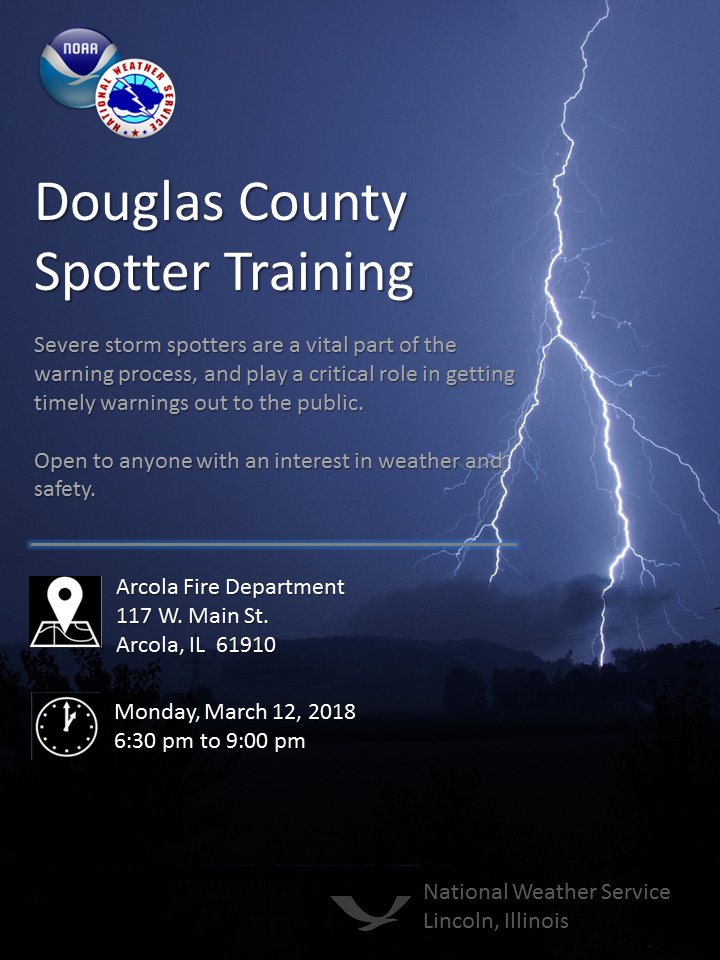 NWSLincolnIL's tweet photo. We'll be at the Arcola Fire Department (Douglas County) this evening at 6:30 pm. If you're interested in learning about storm spotting, stop on by! #ILwx #skywarn https://t.co/k0nbKWcGge