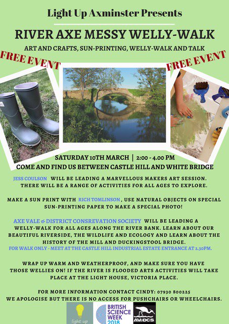 ViewNewsUK's tweet photo. Free event on Saturday 10th March - River Axe messy welly walk. Arts and crafts and various other activities run by @LightUpAx
please RT @ActionEDevon @ax_tc @EastDevonHour @EastDevon @TheProjectYP @TheProjectTAC #EastDevon #RiverAxe #lightupAxminster #Axminster https://t.co/LZi2fOIIg4