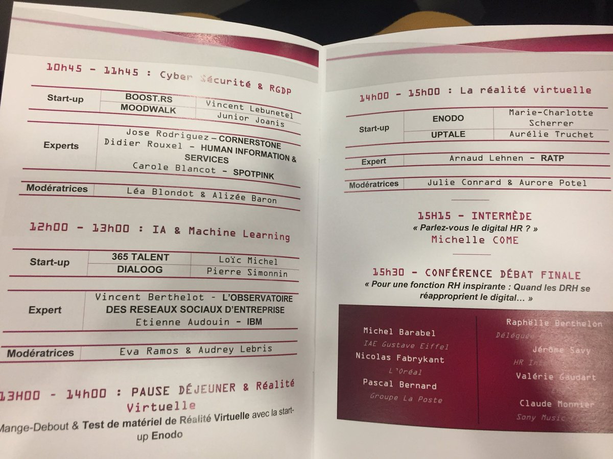 Aujourd’hui les #RHHackentLeDigital Venez découvrir <a href="/hellomoodwalk/">Moodwalk</a> <a href="/365Talents/">365Talents</a> <a href="/dialoogfr/">Dialoog</a> <a href="/realtime_Enodo/">Enodo</a> <a href="/uptale_io/">Uptale</a> membres <a href="/LeLabRH/">Le Lab RH</a> au programme #RGPD #cybersecurite #IA #MachineLearning #RealiteVirtuelle
