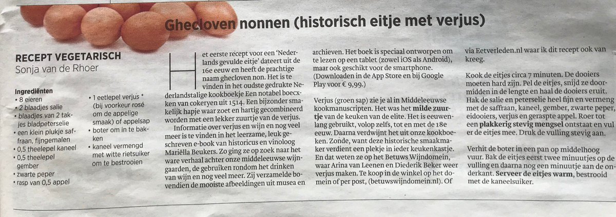 Perfect eitje voor bij een feestelijk #Paasontbijt : Checloven nonnen! 
Sonja schrijft een vegetarisch recept in Trouw! Het recept komt uit de keuken van @eetverleden. Wil je nog meer weten over historische recepten &amp; wijn? Dan moet je bij @Wijnkronieken en Manon zijn! #verjus