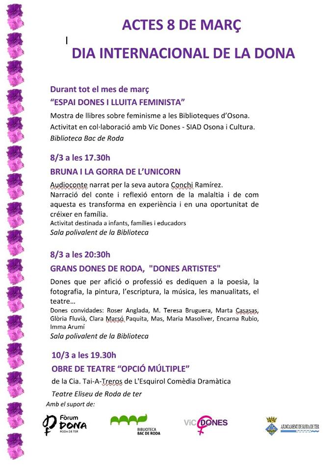 Homenatge a grans dones de Roda, Dones artistes, avui a les 20.30h.  I abans el conte "Bruna i la gorra de l'Unicorn" amb Conchi Ramírez, a les 17.30h. Tots aquests actes a la sala polivalent de la Biblioteca de Roda. #8març #DiaInternacionaldelesDones