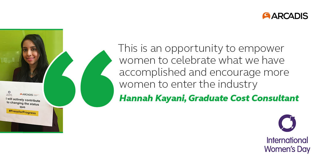 ArcadisUK's tweet image. Graduate Cost Consultant @ArcadisUK Hannah Kayani highlights why celebrating International Women’s Day is important to her and for the construction industry. po.st/seyiaA #IWD18 #IWD2018 #PressforProgress