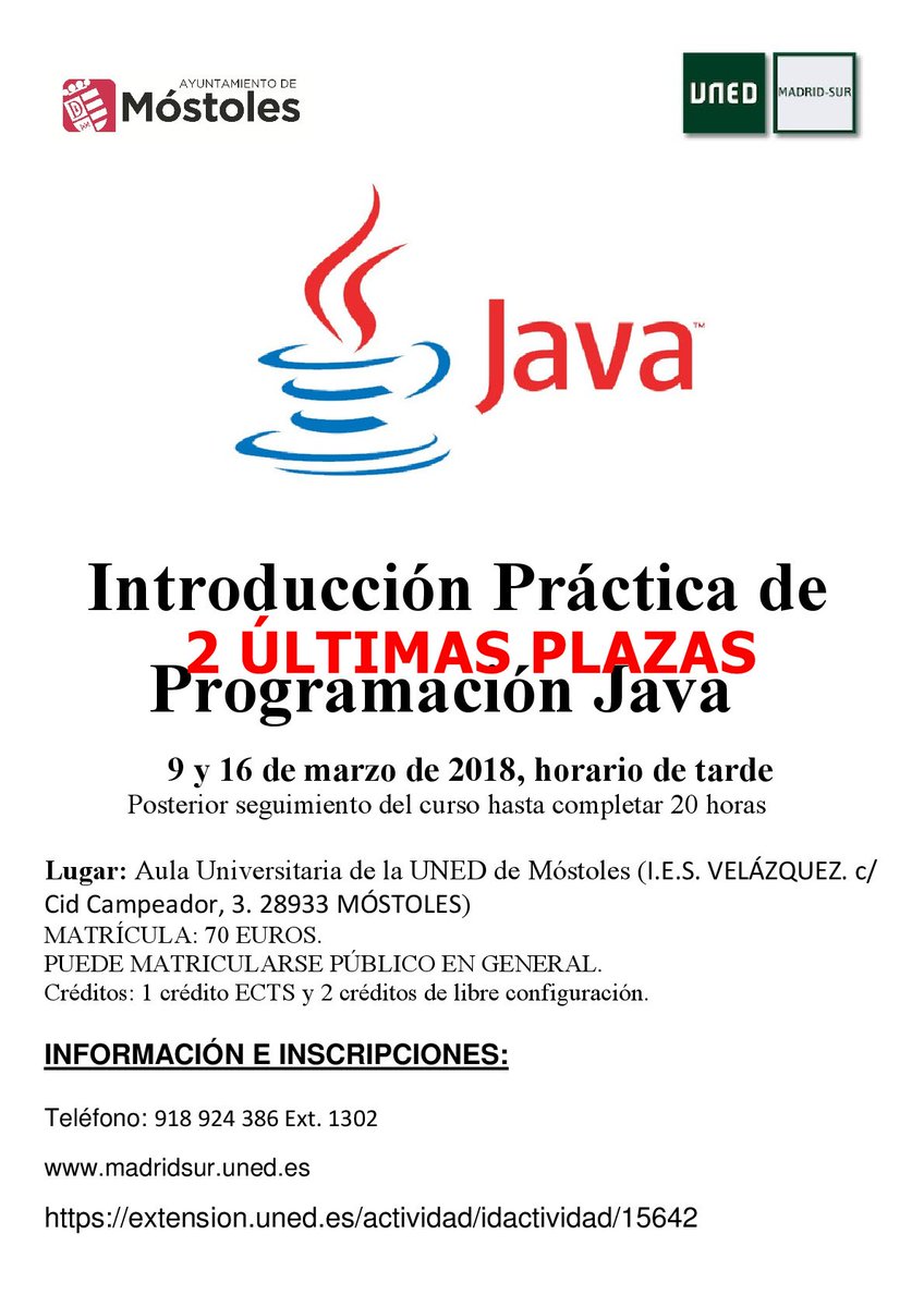 UNEDMadridSur's tweet image. Mañana día de cursos en #UNEDMadridSur, #ProgramaciónJava en #Móstoles, #Storytelling en #Leganés y #Vidacotidiana en la Hª en #Fuenlabrada