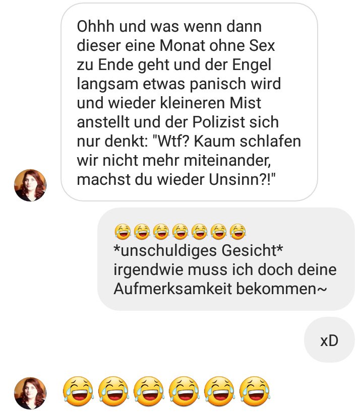 A_entchen's tweet photo. my Parabatai and I just came up with a new story idea for a rp... xD and I'm laughing my ass off because of it.
#rebelAngel and a Policeman.
I'm done
xD
#germanchat https://t.co/lsI5xluPsZ