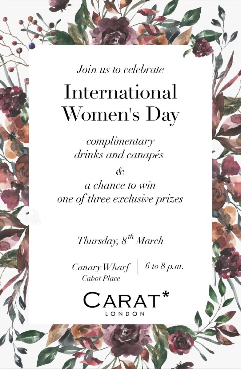 Carat* #CanaryWharf is celebrating #InternationalWomensDay in its Cabot Place store today with drinks, canapés and a chance to #win #prizes (6-8pm) 🍸