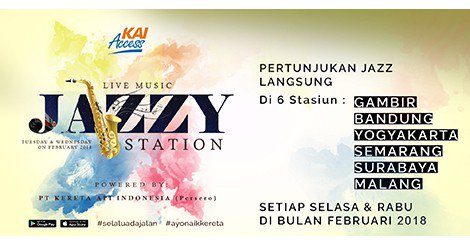 _bayuputrap's tweet photo. Pertunjukan JAZZ langsung di 6 stasiun, Gambir, Bandung, Yogyakarta, Semarang, Surabaya dan Malang. Setiap Selasa dan Rabu di bulan Februari https://t.co/wOLlVXgfv4