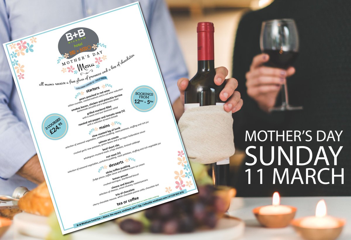 bbwickham's tweet photo. Sunday 11 March is Mother's Day. Join us at B+B Wickham Hotel, Bar and Bistro and enjoy a 3 courses dinner for only £24.95. Book Now! 
https://t.co/gjVBRhLlwH

https://t.co/vCpWEeWGow
#Hampshire #Bedandbreakfast #Mothersday #Love #3courses #Wickham https://t.co/IhDNcXIz6F