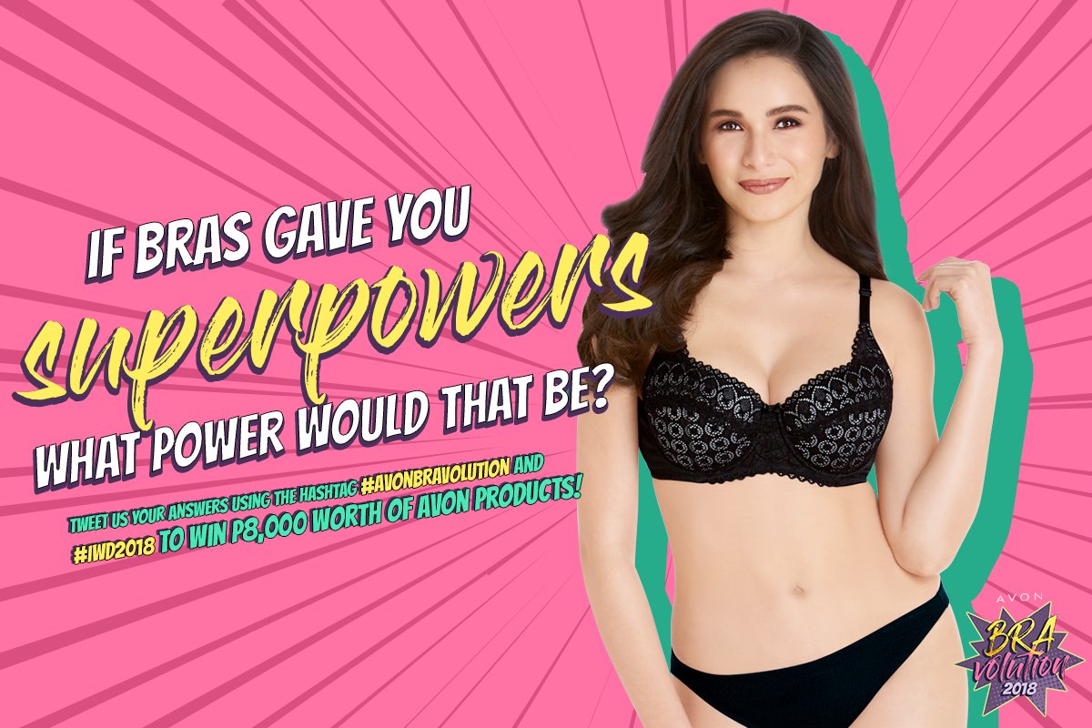 AvonPH's tweet photo. We're so pumped up this IWD that we're giving you ladies a chance to take home P8,000 worth of Avon products!!! Just tweet us what superpowers your bras can give you and use the hashtag #AvonBRAvolution!!! 

Get tweeting, ladies, @MercadoJen will pick the winner! https://t.co/u8wk3GNrJS