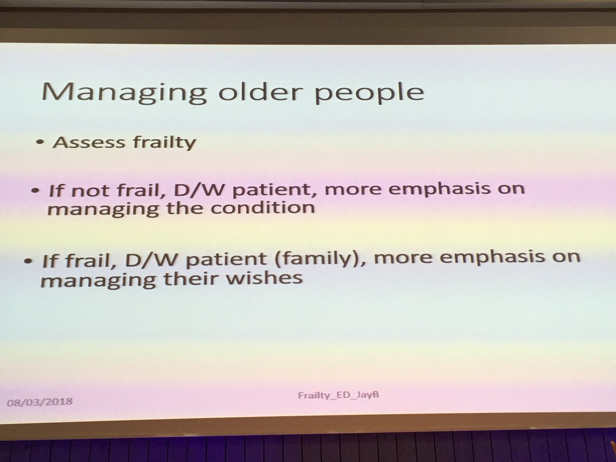 DrLindaDykes's tweet photo. If elderly patient is not frail, don’t let age define what you do to treat. If patient IS frail, then don’t jump into standard management, but discuss  goals, wishes, &amp; realistic outcomes b4 deciding plan. @POBanerjee #sweets18 https://t.co/IYp6VH2Epl