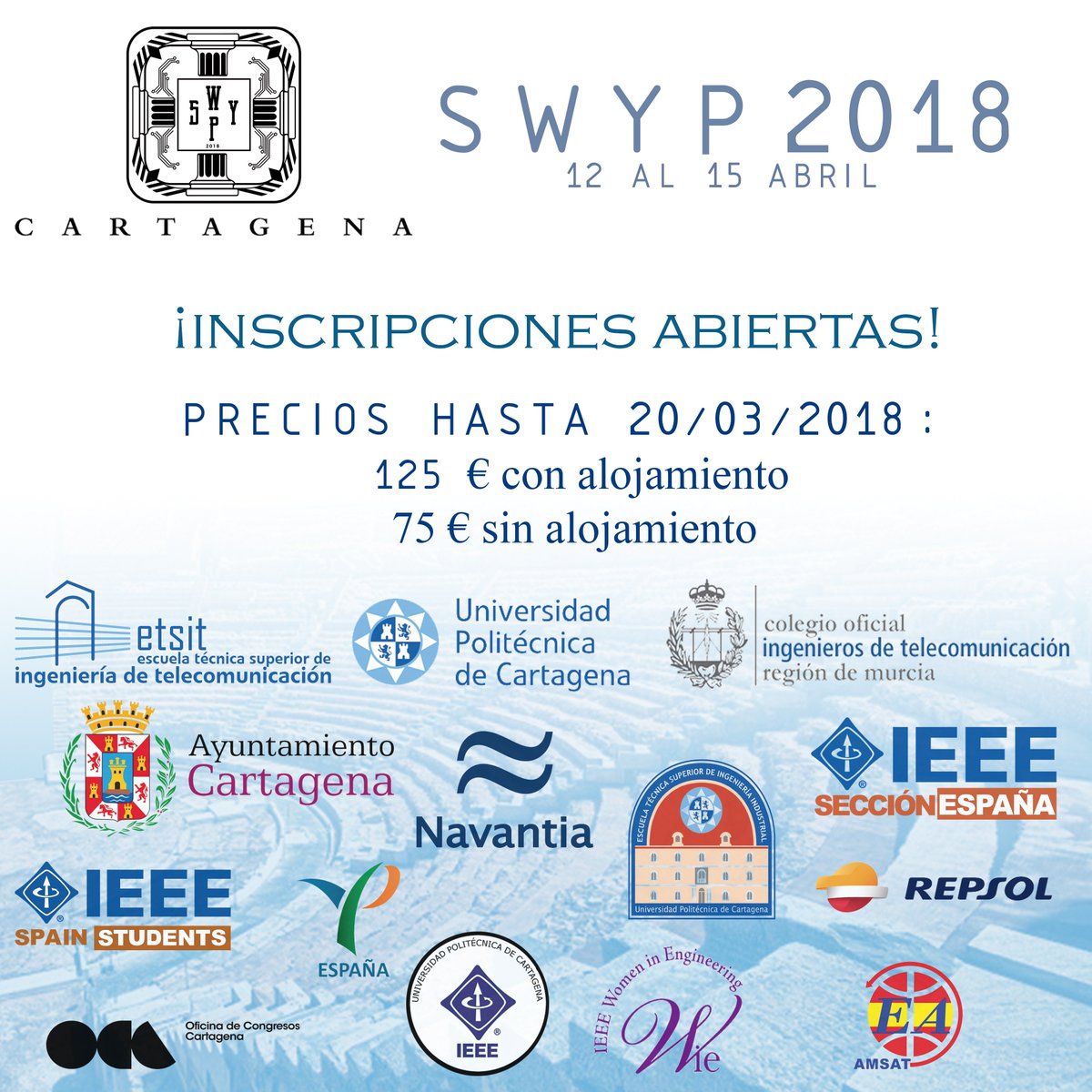 IEEEUPCT's tweet photo. ¿Ya están abiertas las inscripciones para el SWYP 2018! Rellena el formulario que encontrarás en la página web:  https://t.co/yWfvb2nx0M  Tu inscripción será oficial cuando completes el pago😁 ¿TE LO VAS A PERDER? #SWYP18 @ramashispania  @ieeespain @IEEEYP_Spain  @wie_spain https://t.co/BeK7iXZZYU