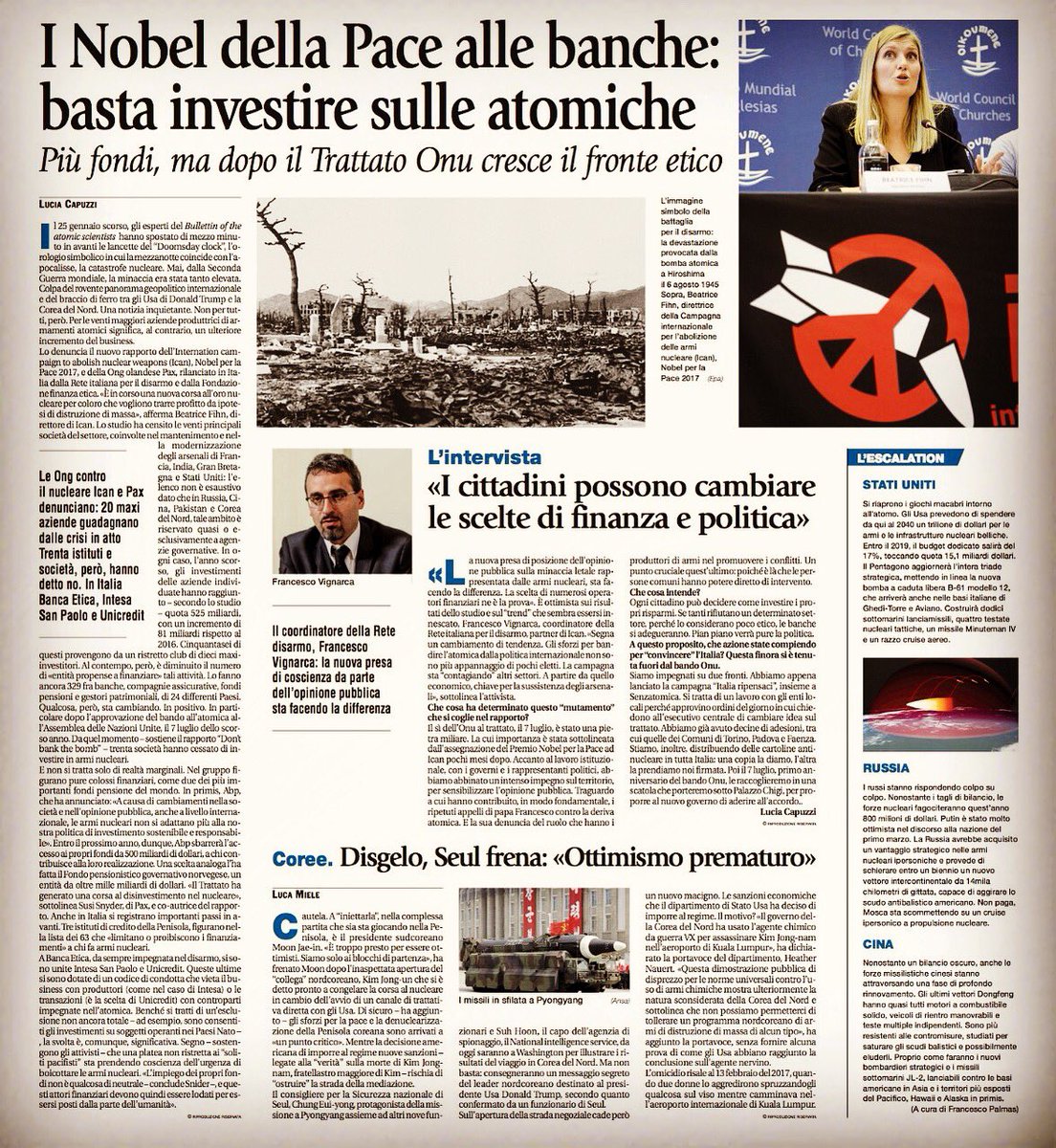 kkvignarca's tweet image. Today I’m interviewed by the Italian daily Avvenire about the @DontBankonBomb report and the path towards #nuclearban, sharing the page with the amazing @BeaFihn 

#EndofNukes