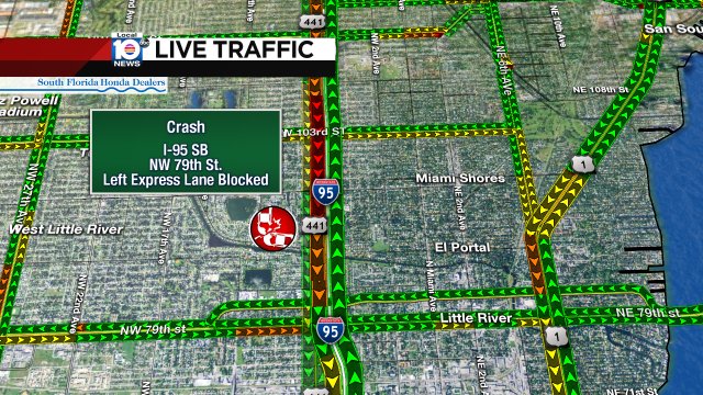 CRASH: I-95 SB & NW 79th St. An express lane is blocked; expect delays. #TRAFFIC #MIAMI https://t.co/2vqSYam0qv