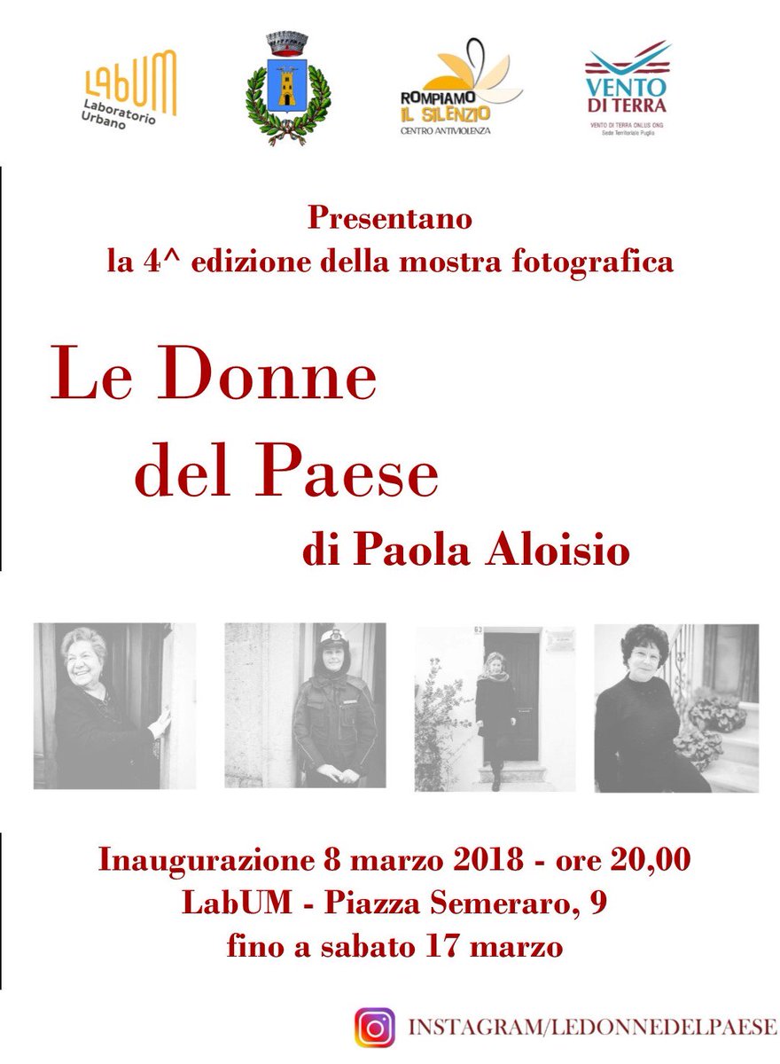 LabUM2017's tweet photo. Stasera.
Protagoniste degli scatti sono #donne di diverse età ed estrazione sociale immortalate mentre svolgono le loro attività quotidiane. #mostra #fotografia #cosebelle #weareinpuglia @pugliaevents @WeAreInPuglia https://t.co/t2BuzrbWv2