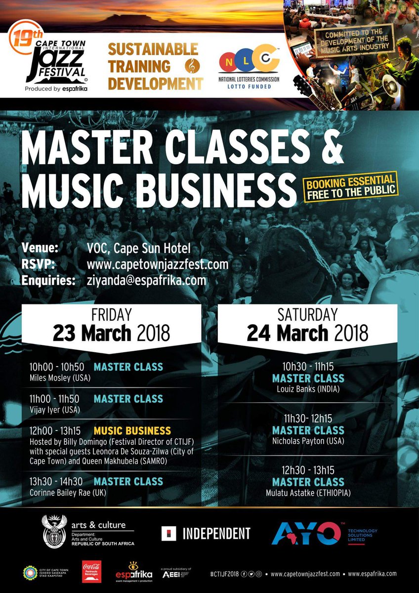 ShiobhanW's tweet photo. The Sustainable Training and Development Master Class &amp; Music Business workshops brought to you by @ctijftnd @espafrika &amp; @CTJazzFest Learn from the best in the business including @paynic @vijayiyer @CorinneBRae @MulatuAstatke1 @louizbanks &amp; @milesmosley #CTIJF2018 #CTIJFTnD https://t.co/GVzSR4jZKE