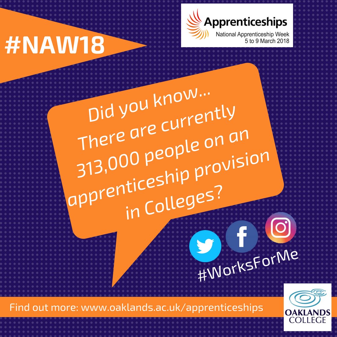 OaklandsApp's tweet photo. #Didyouknow currently over 313,000 people are on an Apprenticeship provision in Colleges?  Talk to our expert team @OaklandsApp to see how it can work for you! #NAW18 #Apprenticeships @Apprenticeships https://t.co/p2ocWqKDco