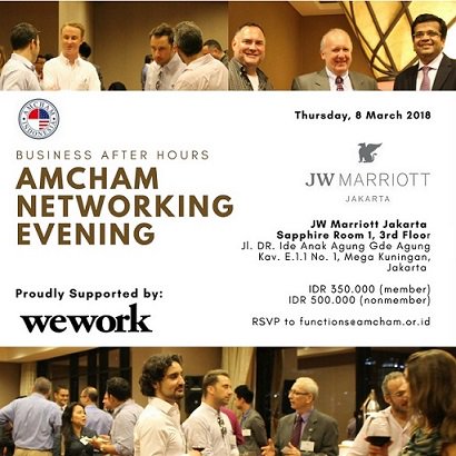 AmChamIndonesia's tweet image. TONIGHT! Do not miss our #businessafterhours #networkingevening #AmChamCocktail , meet friends, make business and social contact and of course enjoy the dinner at @JWMarriottJkt