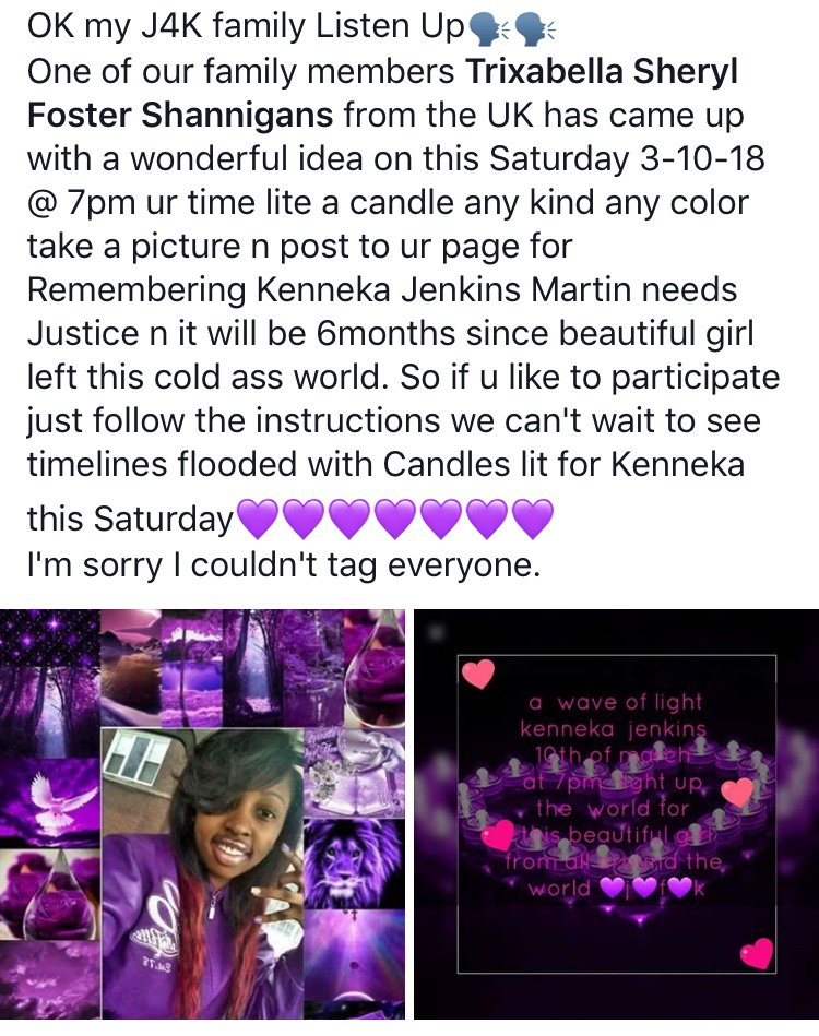 KuttyKupDarlinX's tweet photo. Hey can everyone join! This saturday 7PM .. Light a candle and post a picture off your candle using either or all hastags;
#J4K #JusticeForKenneka #kennekajenkins #KennekaMartin #LLQN #Kenneka
Justice for Kenneka, Answers for Tereasa !!! #WaveOfLight π―π
Rest easy Queen π https://t.co/WzfKxIowzI