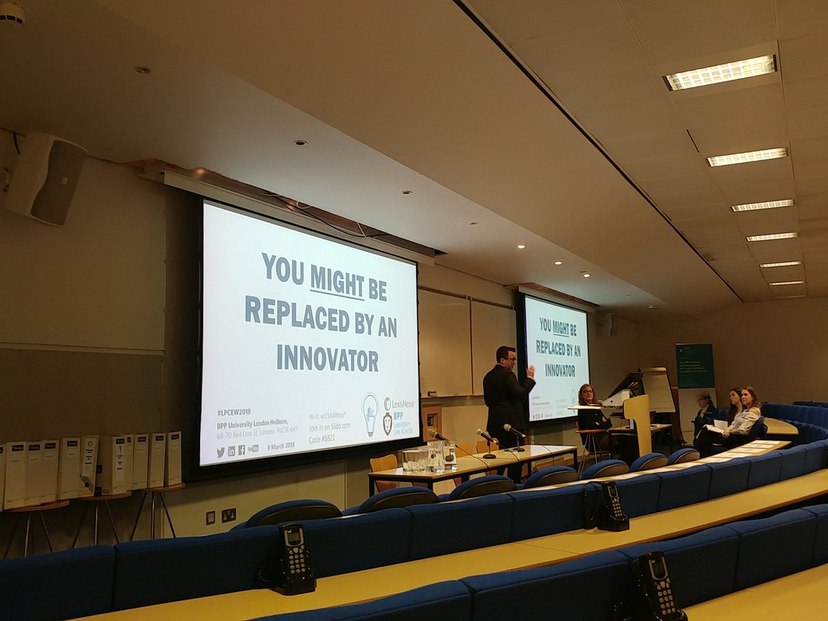 Clocktimizer's tweet photo. "However you might be replaced by someone using technology better than you" Adam Curphey @BPPLawSchool #LPCEW2018 https://t.co/lkT6R0rrch