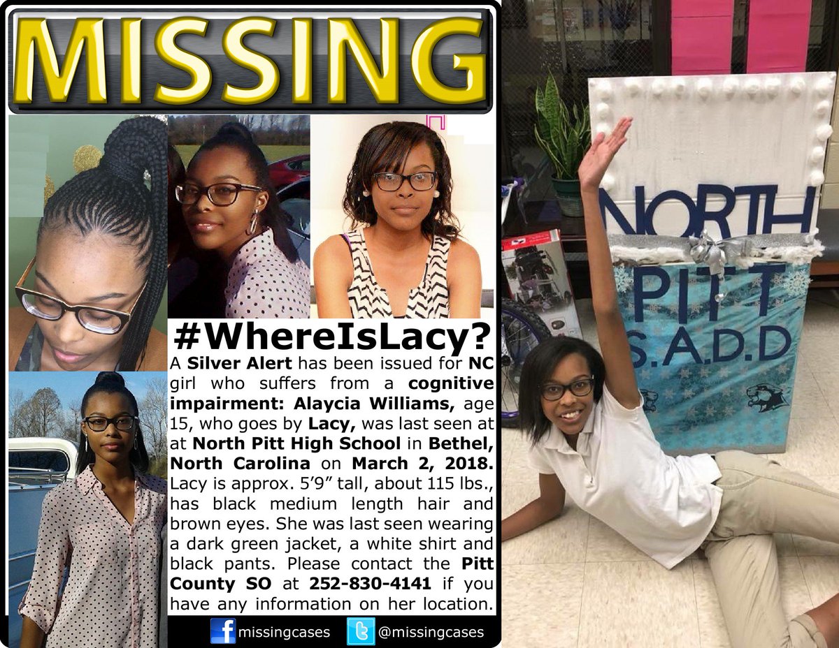 MissingCases's tweet photo. 🚨RT #AlayciaWilliams #WhereIsLacy?#SilverAlert issued for #Missing/Endangered #NC girl who suffers from a cognitive impairment Williams, age 15, who goes by Lacy, was last seen at at North Pitt High School in #Bethel #NorthCarolina on March 2, 2018 #NorthPitt #NorthPittHS https://t.co/EXhefAxouf