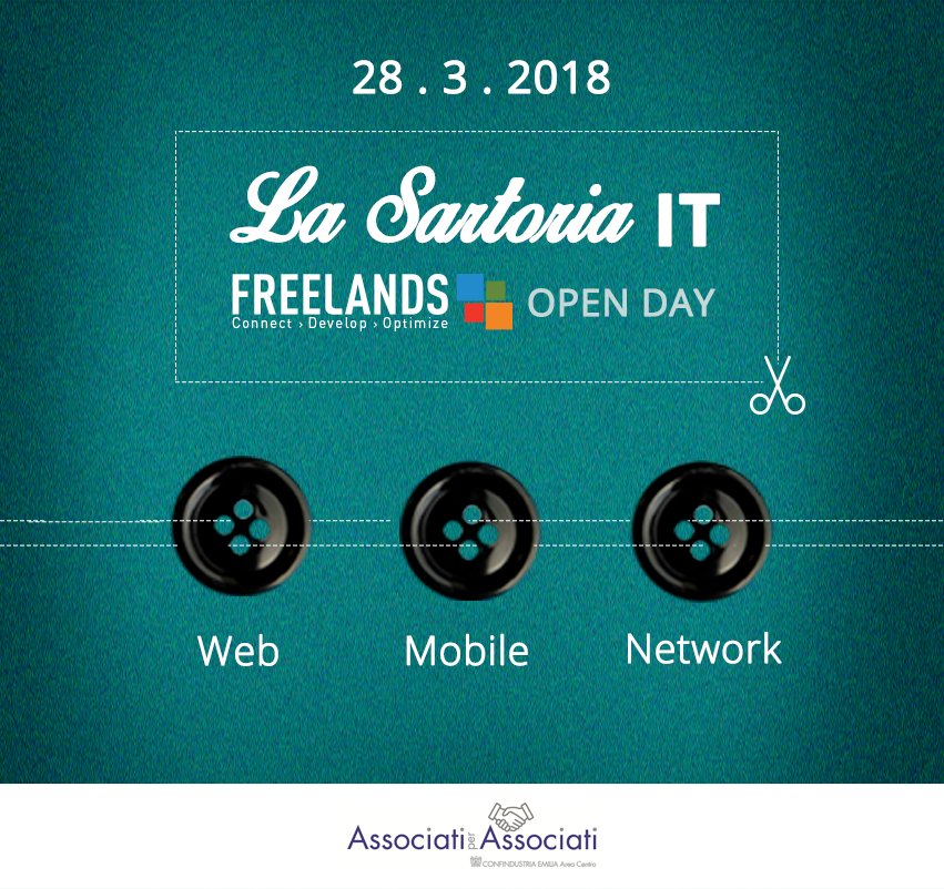 CodeBaker_IT's tweet image. ✂️ "La Sartoria IT"
📆 28-03-2018 🕙 ore 10.00
@FreelandsIT #OpenDay in collaborazione con @ConfindustriaEM
➡️ Come partecipare all'evento: goo.gl/Ntewk7
#industria40 #IT #web #mobile #network #freelands #associati #bologna #modena #ferrara