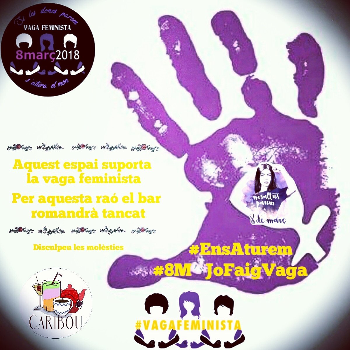 BarCaribou's tweet photo. Avui no obrim, lluitem per totes, sortim al carrer!!!😄✊✊
#BarCaribou #Batuts #Cocktails #Cerdanyola # EnsAturem #8MJoFaigVaga #VagaFeministaCerdanyola https://t.co/1TcRkKrUCR