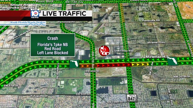 CRASH: Florida's Tpke NB beyond Red Rd. A left lane is blocked and delays are building. #TRAFFIC #TRAFFICALERT https://t.co/3EGiNlkvtA