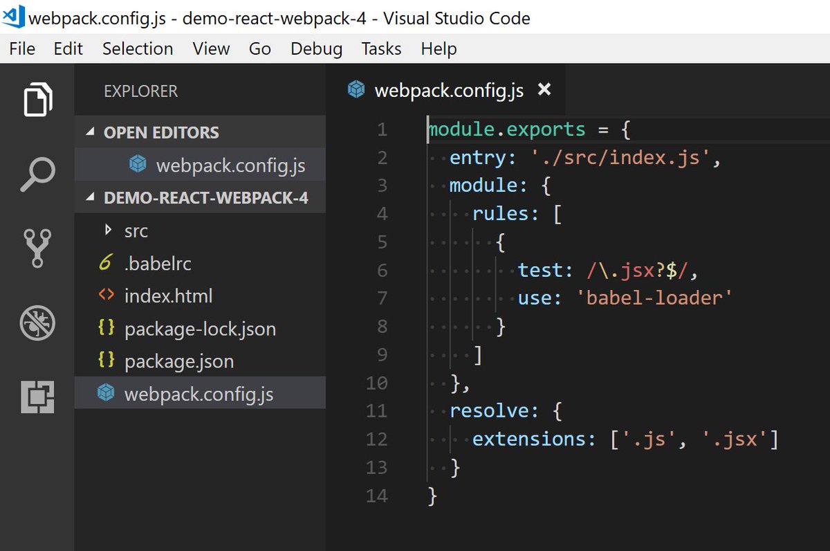 It's amazing seeing how far Webpack has advanced in terms of how easy it is to configure.

With Webpack 4, this is all that you need for a working React app.