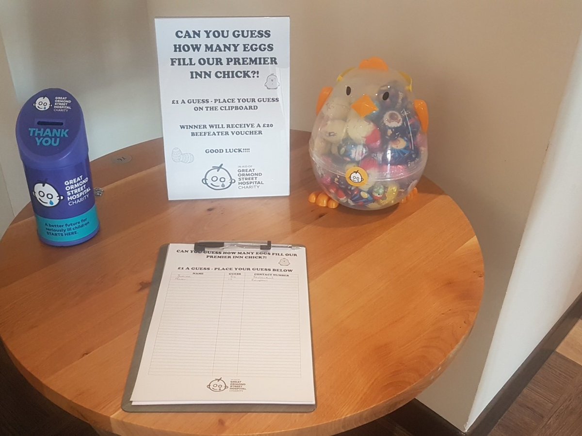 Can you guess how many eggs fill our Premier Inn chick?!.... #doshforgosh!
<a href="/GreatOrmondSt/">Great Ormond Street Hospital for Children</a>  <a href="/juliepearce741/">julie pearce</a>  <a href="/CatherineSmi2/">Catherine smith</a>  <a href="/SDEBDD/">simon ewins</a>  <a href="/AndyFr4ncis/">AndyFr4ncis</a>  <a href="/NorthScotlandPI/">North Scotland Area</a>