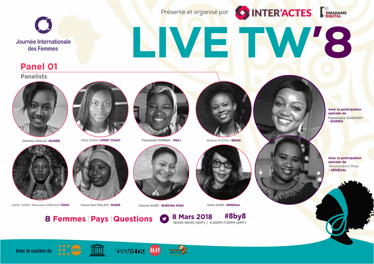 HappyinAfricaFR's tweet photo. LIVE TWEET ALERT: ce soir à 17h30 GMT #livetw8 avec 8 femmes extraordinaires pour le #8mars @mashanubian @dieretou @Yehnidjidji @Fattitystar @MylneFlicka @Joelletogo @DanMalamHaoua @ChantalNare @GUIRASSYF @mamouchkadiop #8by8 #IWD2018 #JIF2018 https://t.co/ey3CAXjtfB