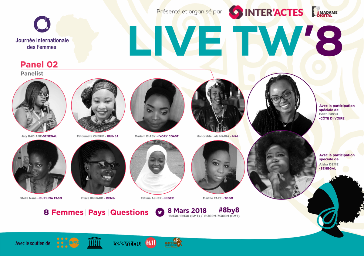 HappyinAfricaFR's tweet photo. LIVE TWEET ALERT #2 ce soir à 18h30 GMT pour le Panel #2 de 8 #boldafricanwoman pour le #8mars. Participez au #livetw8 @jalybadiane @Fatiiche @macmady @LalaichaM @pkumako @Nounfoh @falher3 @StellaClaudy @edithbrou @DemeAisha Join us! #8by8 #IWD2018 #JIF2018 https://t.co/hPvfrdXL0N