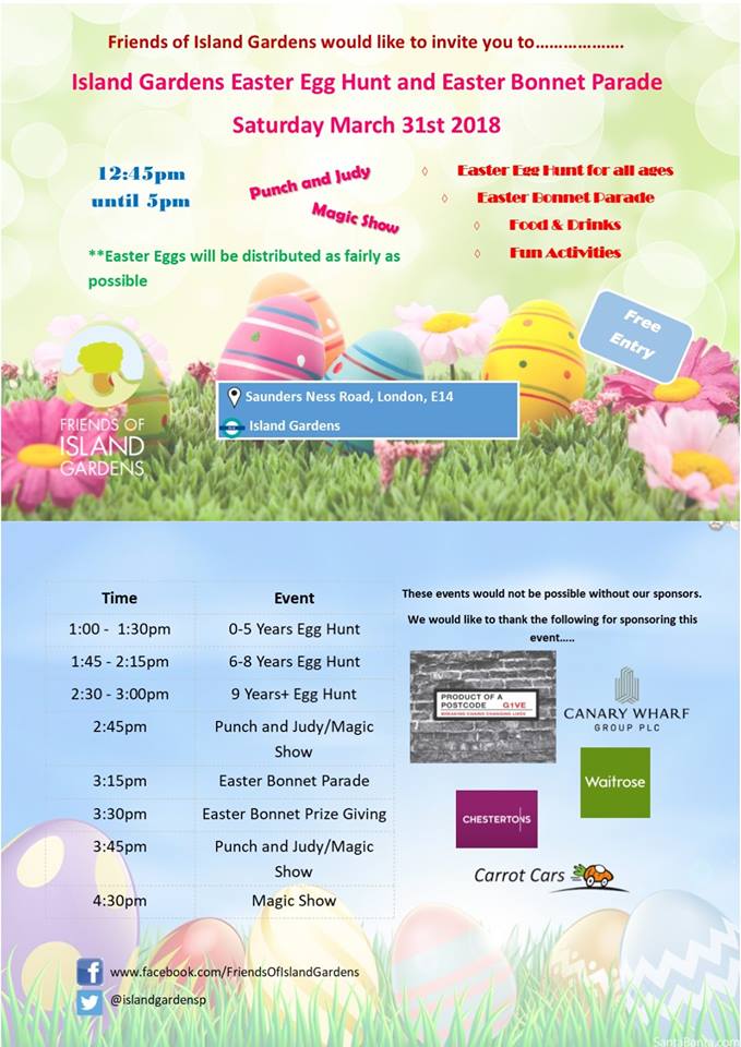 Glo_Thienel's tweet photo. We are holding an Easter Event and would like to 'THANK' our sponsors of this event @CanaryWharfGrp @CarrotCars @Chestertons_CW Waitrose @yourcanarywharf  Without our sponsors  we could not bring event to the community @islandgardensp https://t.co/GbVGs9Hbyp