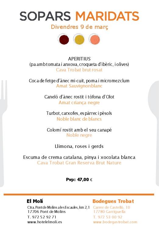 La Cuina del Vent (@lacuinadelvent) on Twitter photo Ja has reservat la teva taula per divendres? És una oportunitat única per gaudir d'un menú excepcional en el <a href="/elmolihotel/">El Molí***</a> amb els vins del celler @Bodegastrobat amb #soparsmaridats2018 <a href="/LaCuinadelVent/">La Cuina del Vent</a> <a href="/CuinaEmpordanet/">Cuina Empordanet</a> <a href="/doemporda/">DO Empordà</a>
Reserva: 972 52 92 71 Ja has reservat la teva taula per divendres? És una oportunitat única per gaudir d'un menú excepcional en el <a href="/elmolihotel/">El Molí***</a> amb els vins del celler @Bodegastrobat amb #soparsmaridats2018 <a href="/LaCuinadelVent/">La Cuina del Vent</a> <a href="/CuinaEmpordanet/">Cuina Empordanet</a> <a href="/doemporda/">DO Empordà</a>
Reserva: 972 52 92 71