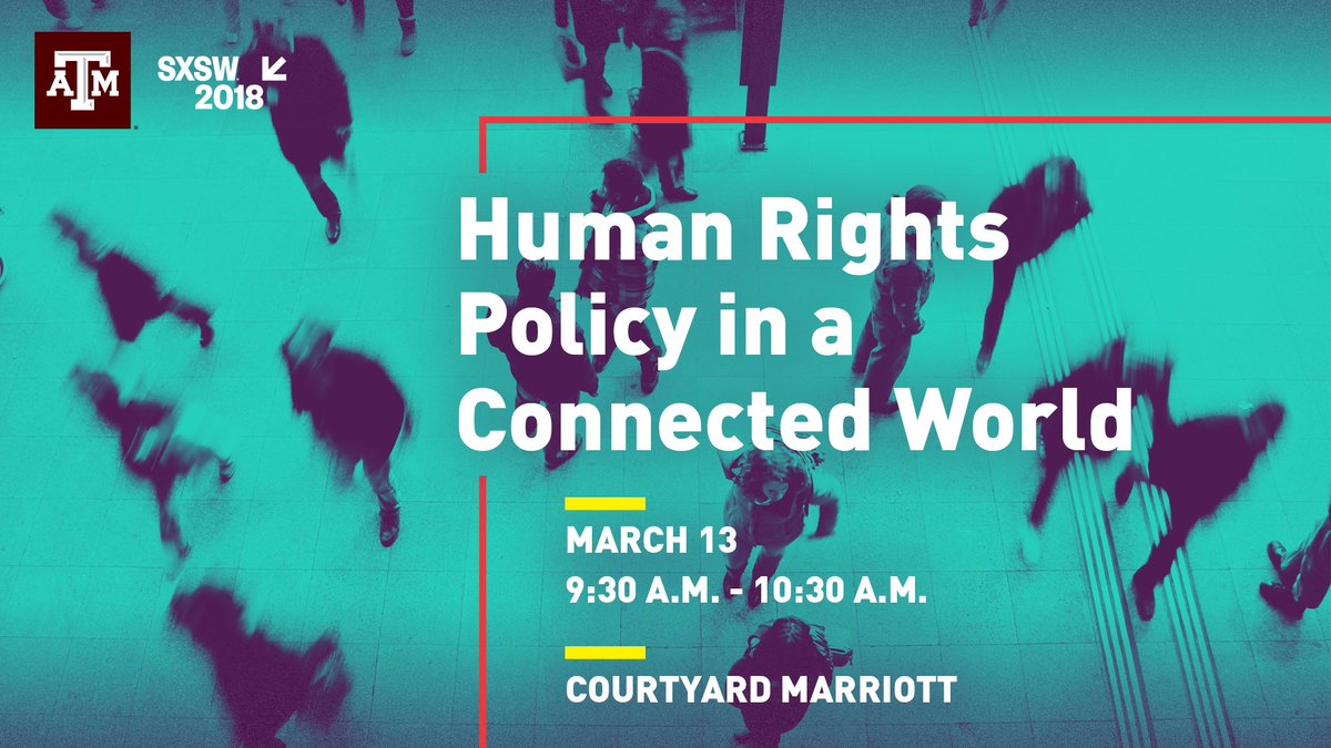 text reading "human rights policy in a connected world, March 13, 9:30 am - 10:30 am, Courtyard Marriott" on a green photo of people walking