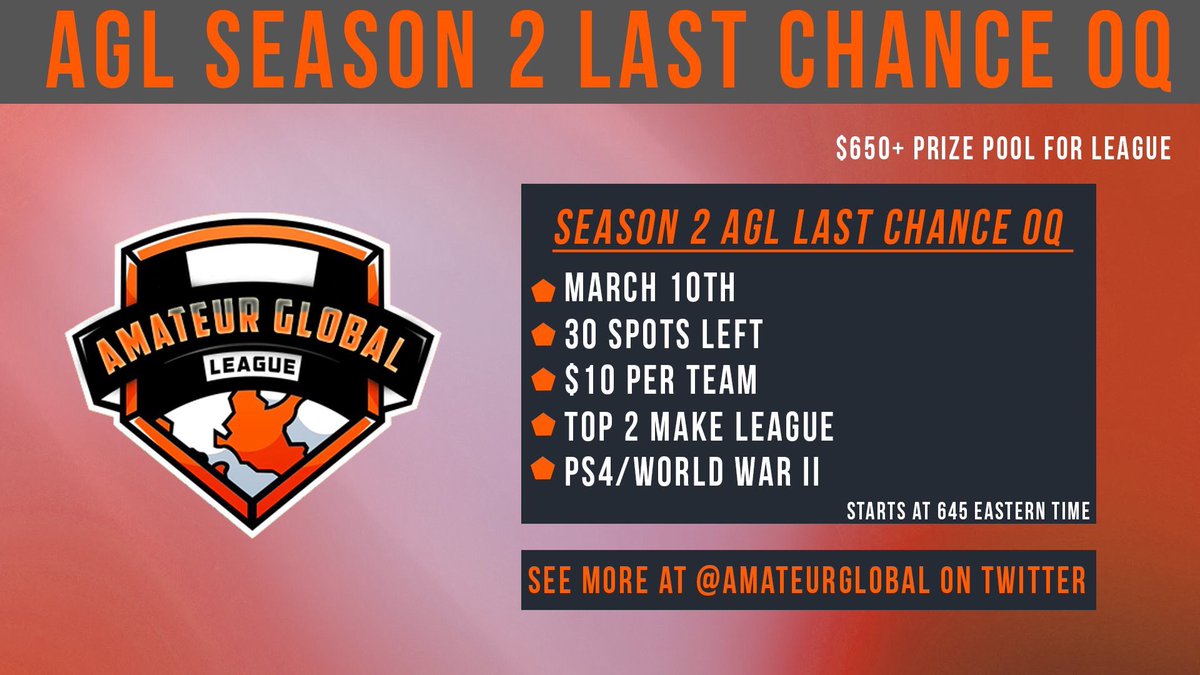 AmateurGlobal's tweet photo. Last Chance OQ
📆 March 10th
⏰ 6:45 EST
📡Streamed
🚨23 Spots Left
👀Be There
🎉RT RT RT RT RT RT RT RT RT RT
#AGL
#AGLS2 https://t.co/Zqcr8Asp5L