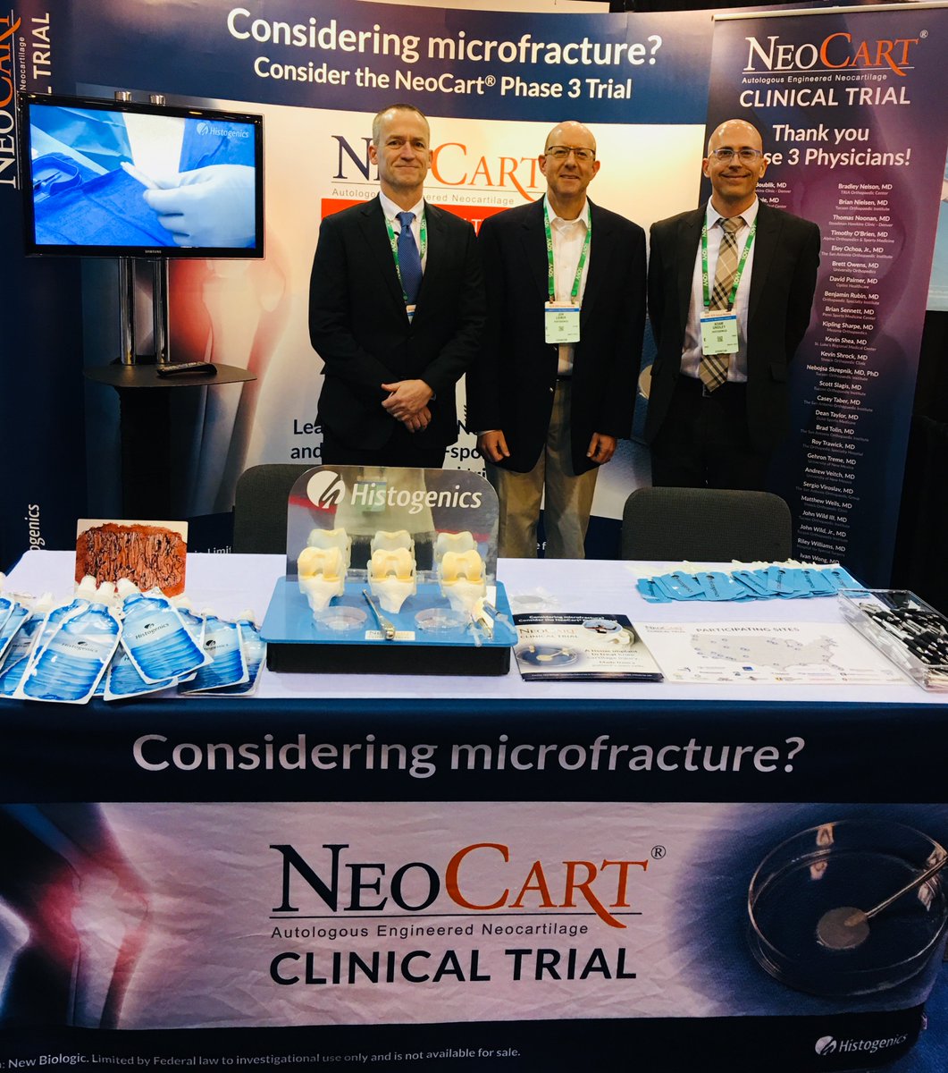 kneepainoptions's tweet photo. Our booth, #5612 at #AAOS2018 in New Orleans. Don Haut Chief Business Officer, Jon Lieber Chief Fibancial Officer, and Adam Gridley CEO &amp; President (Left to right). #kneepain #cartilageinjury #orthopedist https://t.co/ix5qnpBsDN