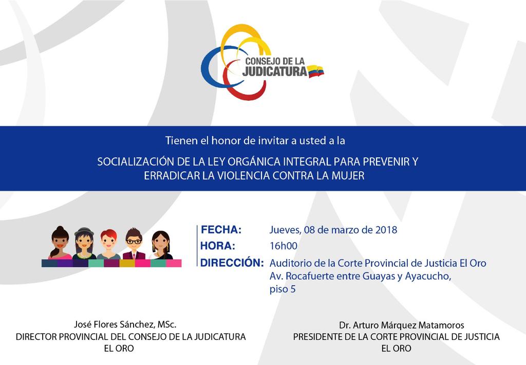 ElOroCJ's tweet photo. 🚺 HOY| conmemoramos el #DíaDeLaMujer. El #CJEl Oro y la Corte Provincial de Justicia invitan a la socialización de la Ley Orgánica Integral para Prevenir y Erradicar  la Violencia contra la Mujer ¡Todos invitados! #AhoraEsElMomento https://t.co/XcIqVwSh4T