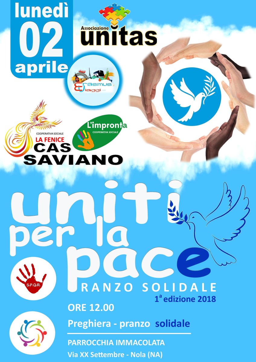 AssUNITAS's tweet image. ⭕"L'opera umana più bella è di essere utile al prossimo."⭕

Il 2 aprile nella Parrocchia Immacolata in via xx settembre - Nola (NA), insieme ad altre associazioni territoriali, condivideremo un pranzo solidale all'insegna dell'uguaglianza, fratellanza ed indiscriminazione.