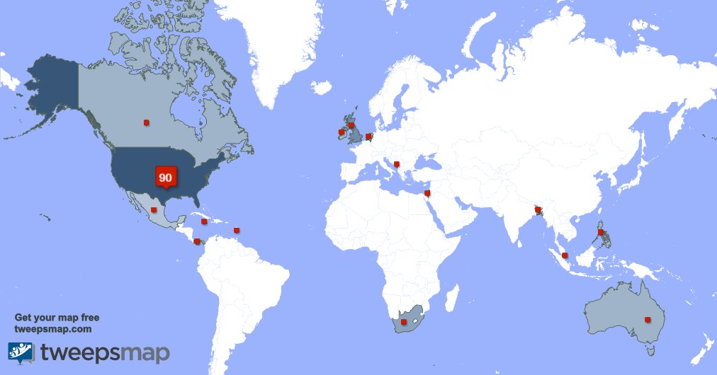 ScottBaker2017's tweet photo. My followers live in 16 countries: USA(88%), UK.(4%)... https://t.co/jiNU1j3mNF Get your free map! https://t.co/6cA3A4TtrV