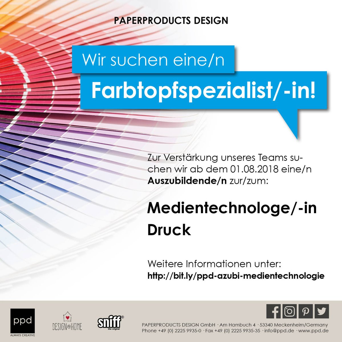 ppd_de's tweet photo. Wir suchen die neuen Super-Azubis zur Verstärkung unseres Teams! Ausbildungsbeginn ist der 01.08.2018.
#ppd #paperproductsdesign #azubi #azubisuche2018 #wirsuchendich #mediengestalter #kaufleute #fachlageristen #drucker https://t.co/bBQm9rCDO4