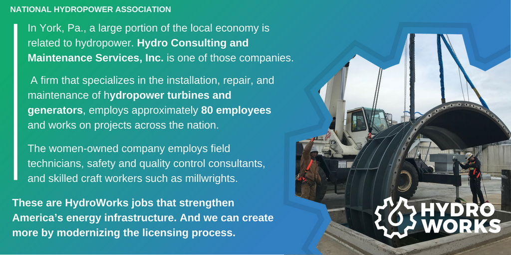 NatlHydroAssoc's tweet photo. What does a #HydroWorks job look like? In York, PA, Hydro Consulting and Maintenance Services specializes in the installation, repair, and maintenance of #hydropower turbines and generators with nearly 80 employees. https://t.co/U4fvn2fUIA @SenBobCasey @PatToomey @RepScottPerry https://t.co/LP35AeKs5W