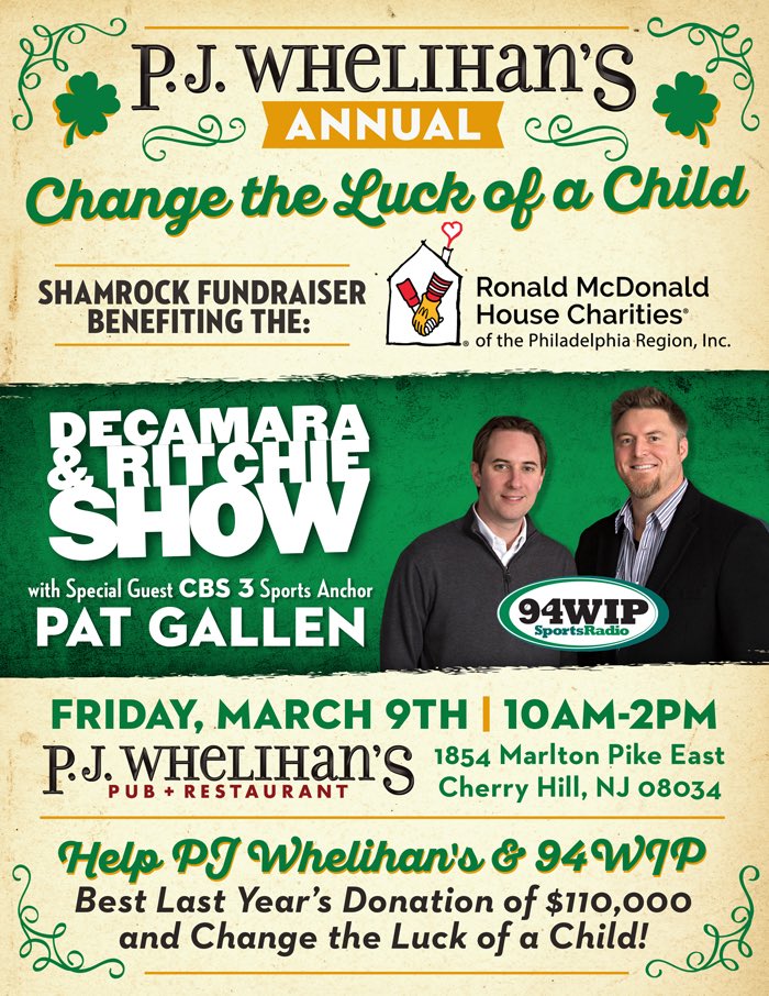 PJsPub's tweet photo. Come join @JoeDeCamara @RitchieJon &amp; @PatGallenCBS3 at #PJsCherryHill tomorrow 3/8 from 10am - 2pm &amp; help @PhilaRMH #ChangeTheLuckOfAChild 🍀☘️🍀 #PJsGivesBack #PJsDoesItBetter @WIPMiddayShow https://t.co/12deiJvIZo