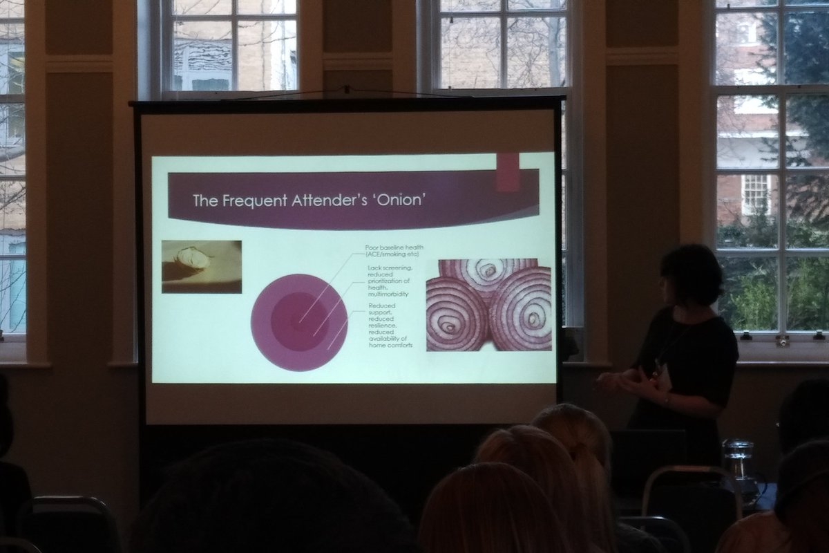HomelessEOLC's tweet photo. Dr Natalie Miller @DrNatM provides a helpful analogy of an onion with regard to #homelessness and #FrequentAttenders at A+E. Reduced support/resilience/comfort factors- layered on top of lack of #PreventativeScreening #CompetingPriorities + #MultiMorbidity -on TOP of #ACEs https://t.co/tZDTR6mL4B