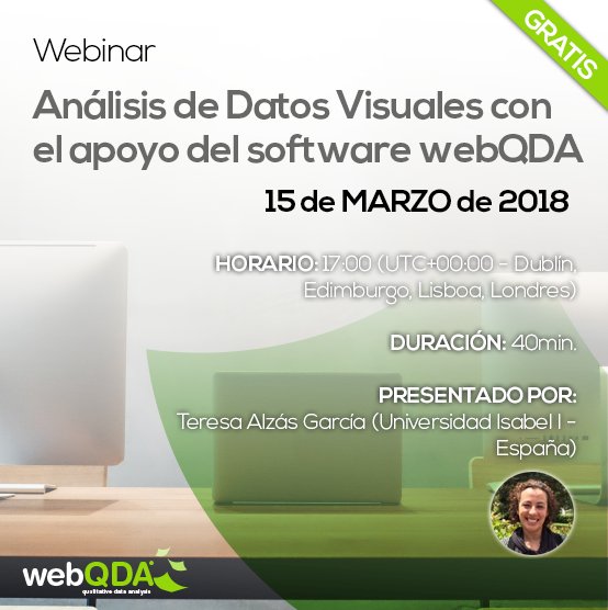 webqda_software's tweet image. Webinar Análisis de Datos Visuales | 15 Marzo [Gratis] ✅
➡️ Registro: goo.gl/5gxSBy 
#AnálisisCualitativo #InvestigaciónCualitativa #DatosVisuales #AnálisisdeVídeo #Videografía #CAQDAS #webQDA