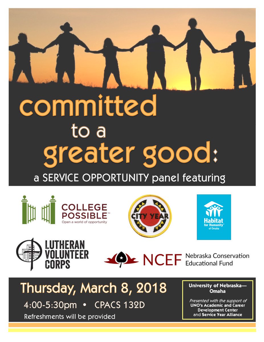 Hey <a href="/UNOmaha/">University of Nebraska at Omaha</a> Mavericks! Interested in <a href="/ServiceYear/">Service Year</a> opportunities? Come check out this event happening TODAY in CPACS 132D at 4:00! @unoacdc <a href="/CityYear/">CityYear</a> <a href="/LVCorps/">Lutheran Volunteer Corps</a> <a href="/CollPossibleOMA/">College Possible Omaha</a>