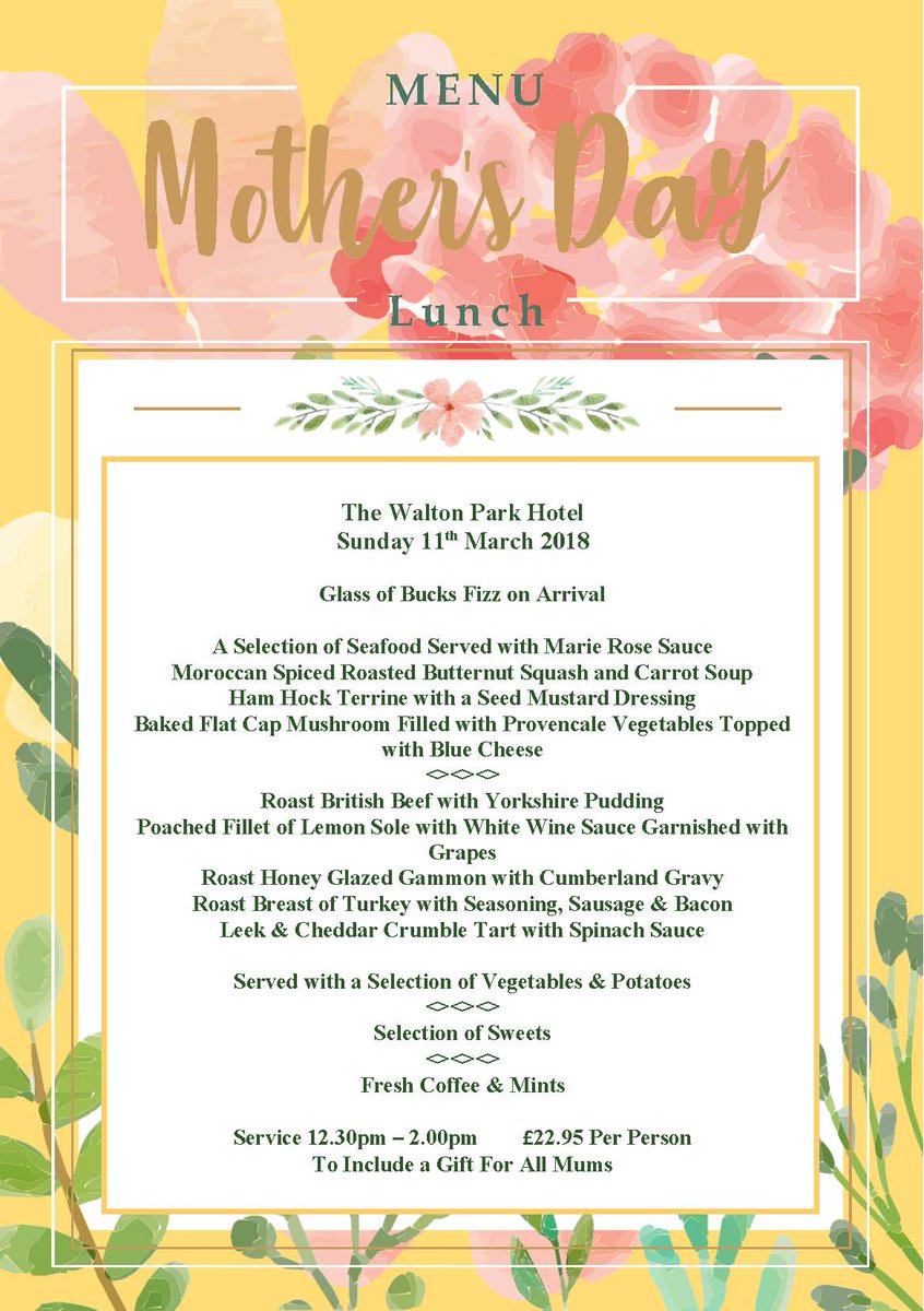 Celebrate Mother's Day at the Walton Park Hotel this Sunday. Treat mum to our Three-Course Mothering Sunday Lunch, for just £22.95pp, including a gift for mums! For reservations call 01275 874253 🌻