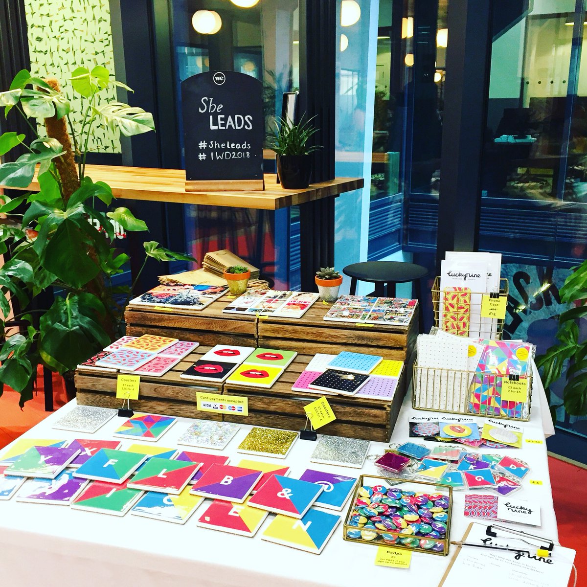 All set up at #SheLeads Pop Up Design Market at @WeWorkUK Southbank for #InternationalWomensDay 💛👩🏽✌🏽

#Luckynine #IWD2018