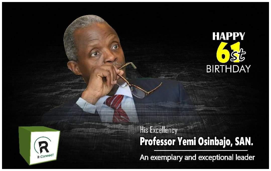 Shidams2's tweet photo. We, Team R-Connect send our warmest congratulations to the Vice President of the Federal Republic of Nigeria, Professor Yemi Osinbajo on your birthday.
We wish you every happiness in years ahead... 

HAPPY BIRTHDAY, SIR.....! https://t.co/Hbq1j4plrr