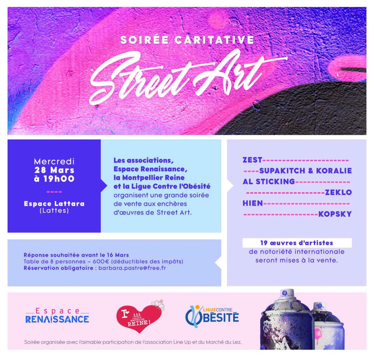 MontpellReine's tweet photo. Soirée caritative avec vente aux enchères au profit de la @LCObesite , @La_Mtp_Reine et @EspaceRenaissan ❤️
Le street art mis à l’honneur ! #zest #supakitch #koralie #alsticking #zeklo #hien #kopsky https://t.co/1xMuPp26CC